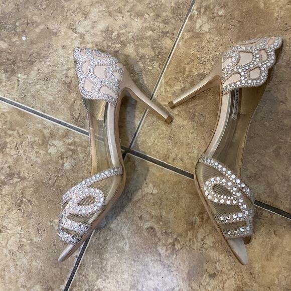 BHLDN Badgley Mischka Marla Peep Heels Embellished Nude Peep toe Pumps Size 6.5 - Picture 7 of 9